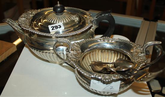 Silver teapot, sugar bowl and flatware